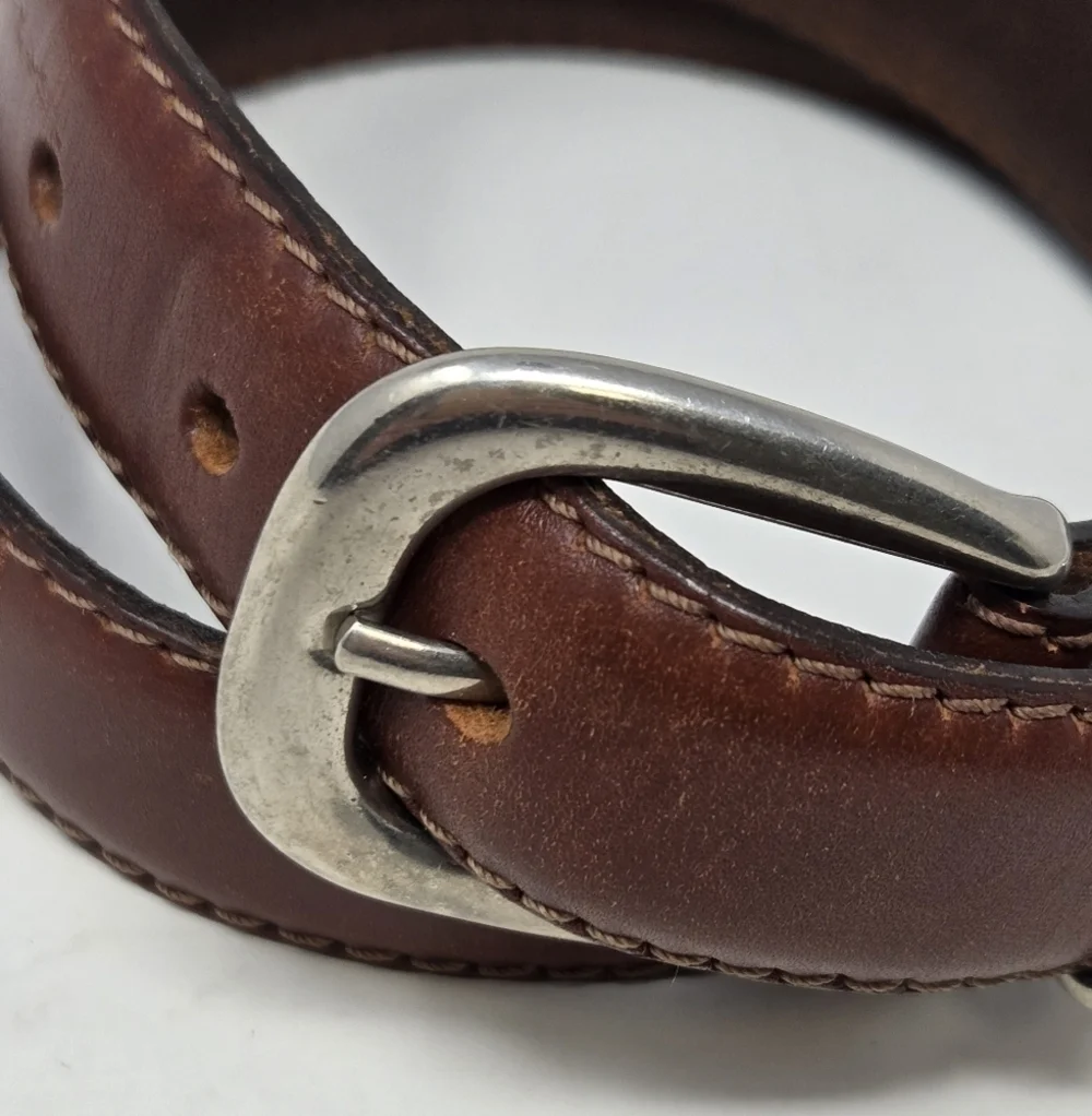 VINTAGE OLD NAVY BROWN ITALIAN LEATHER BELT SILVER BUCKLE END CAP UNISEX MEN 28